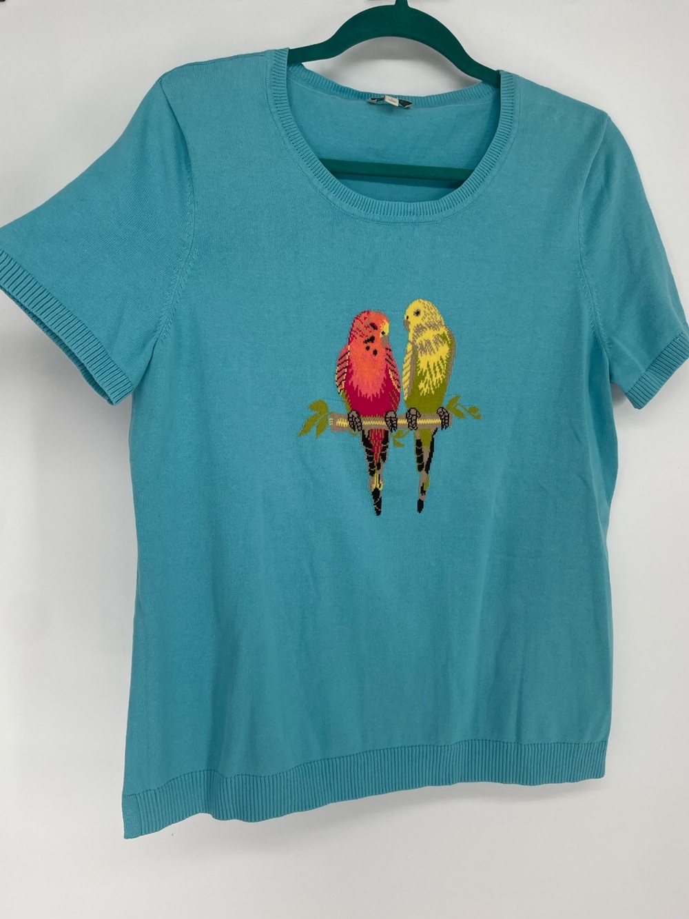 Talbots Novelty Parakeet Bird Short Sleeve Knit Blue Crew Neck Sweater - Picture 2 of 7